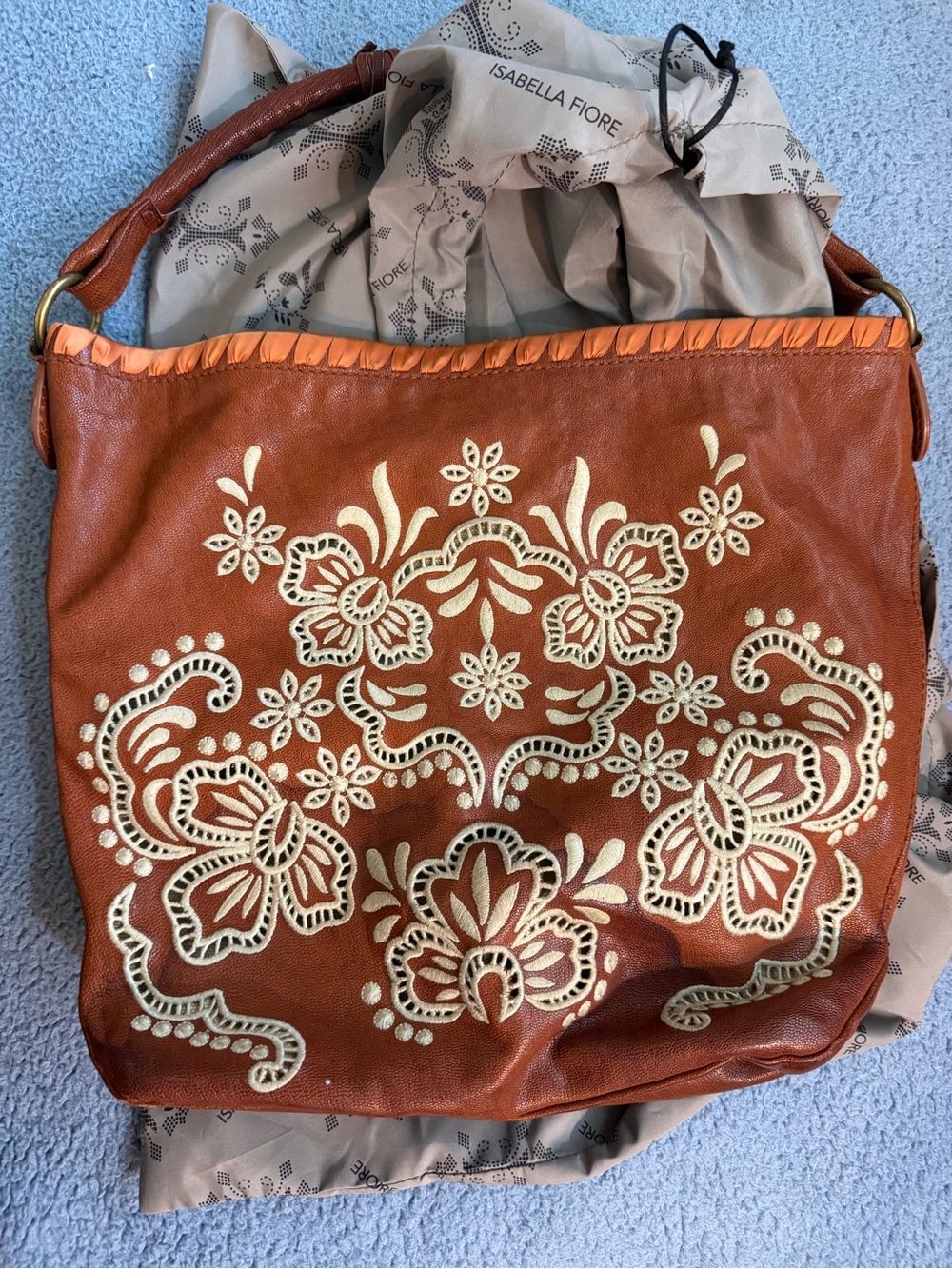 Isabella Fiore Brown Leather Embroidered Tote